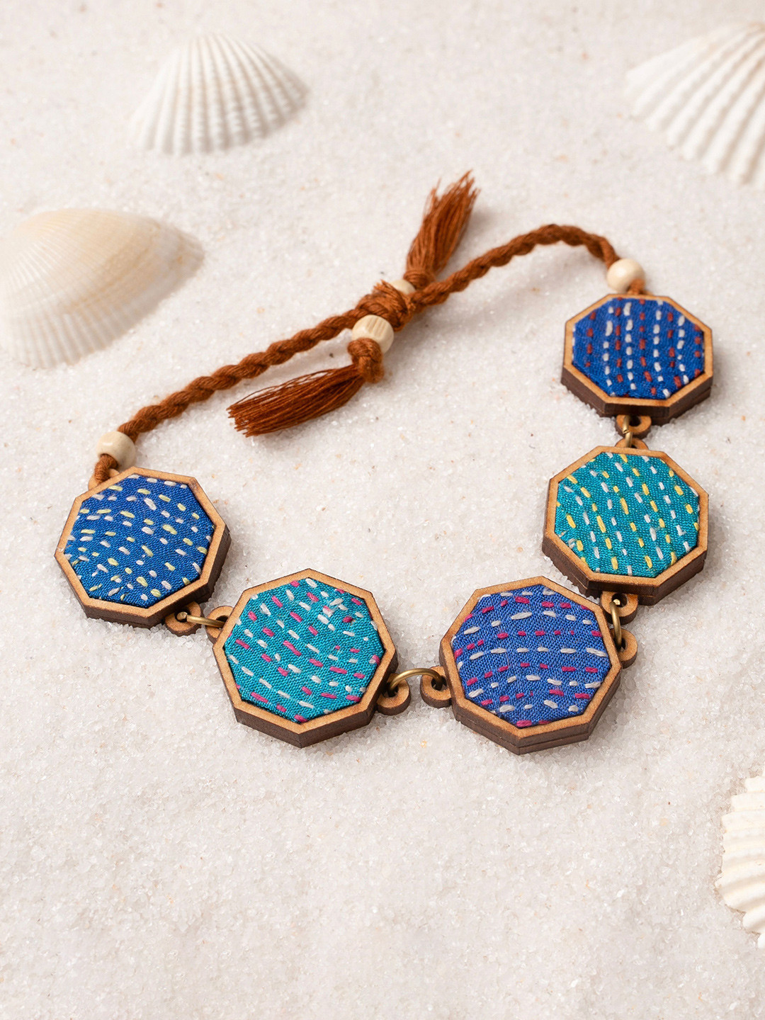 WHE Multicolour Kantha Repurposed Silk Fabric and Wood Bracelet