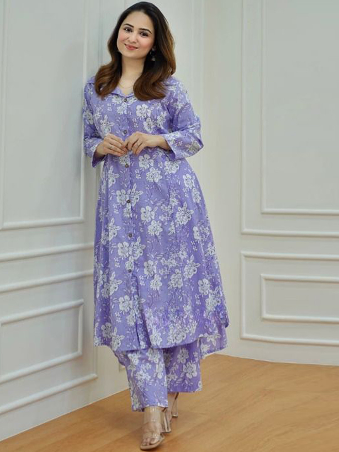 SOMAPAH Floral Printed Shirt Collar A-Line Kurta with Trousers