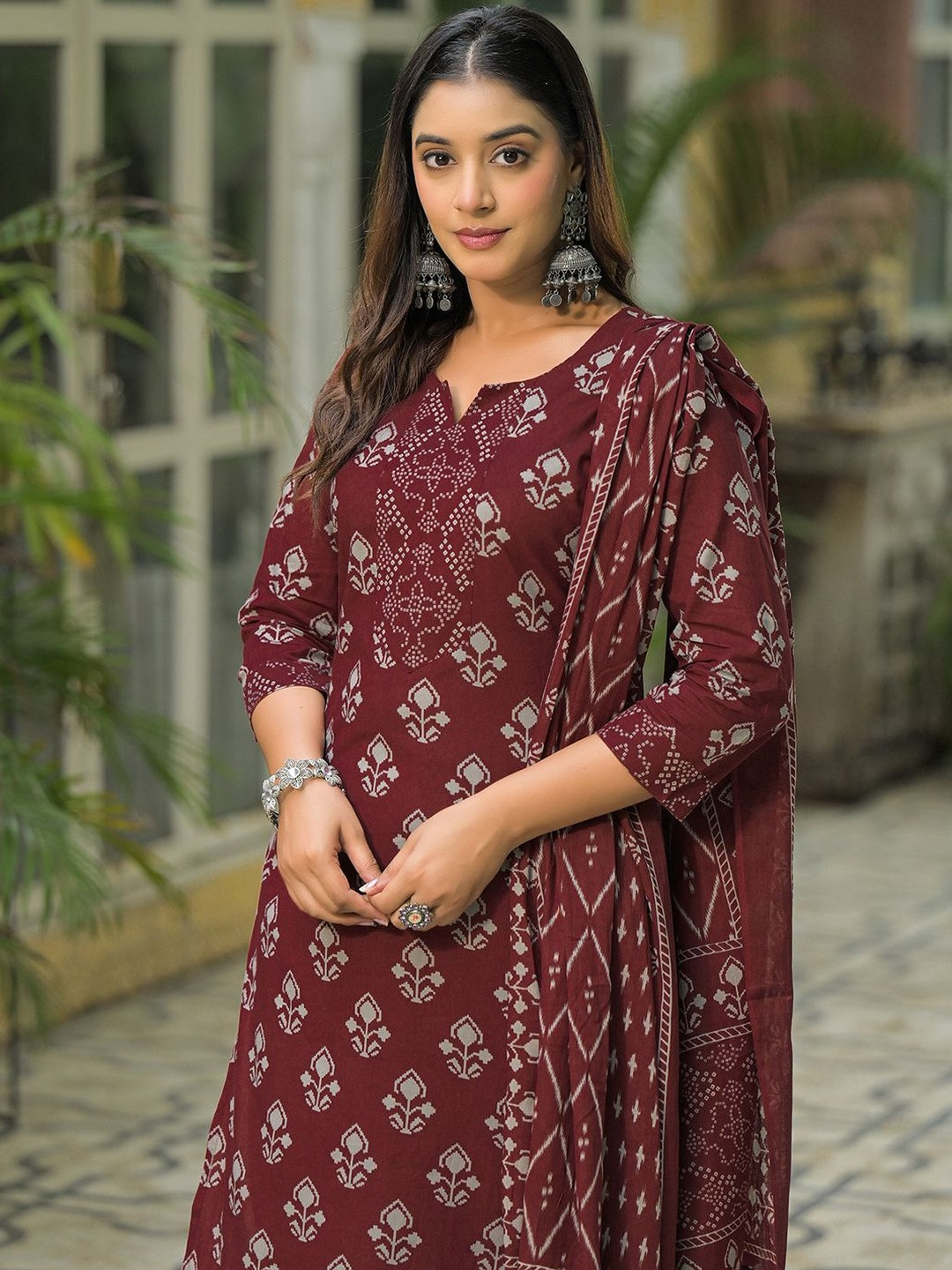 SANISA Women's Brown, Grey Cotton Printed Straight Kurta Trousers With Dupatta