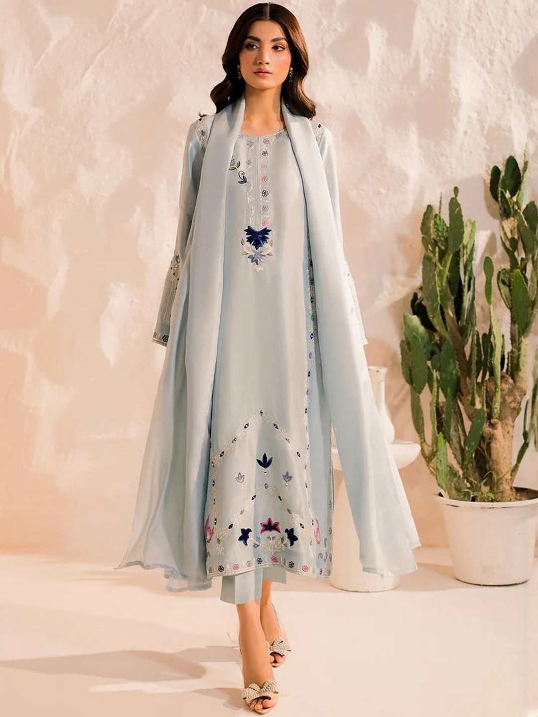 KALINI BSY Chanderi Silk Embroidered Kurta Set with Chinnon Dupatta Pastel Blue Festive Wear