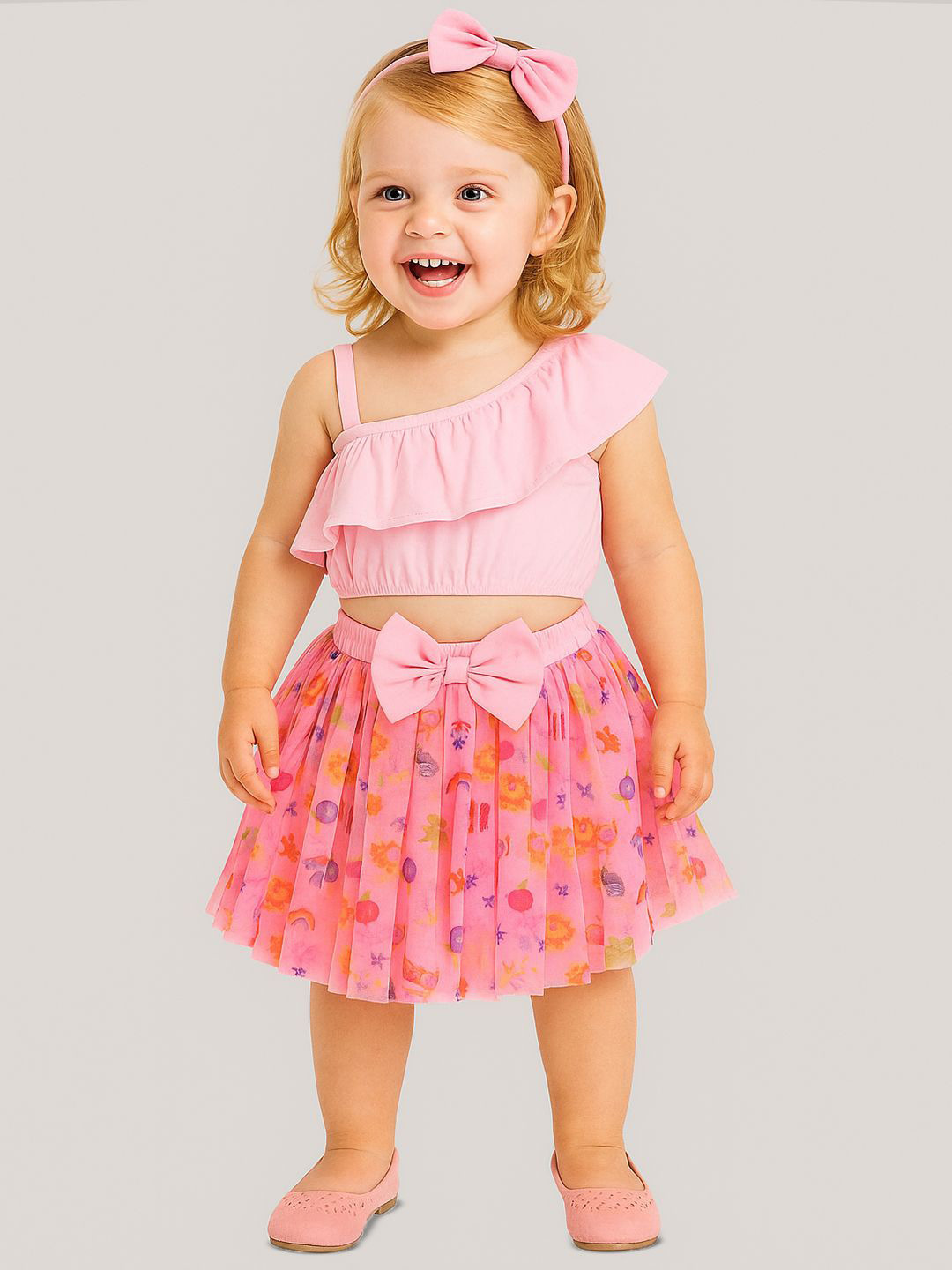 A.T.U.N. Girls One Shoulder Crop Top with Printed Skirt & Matching Headband