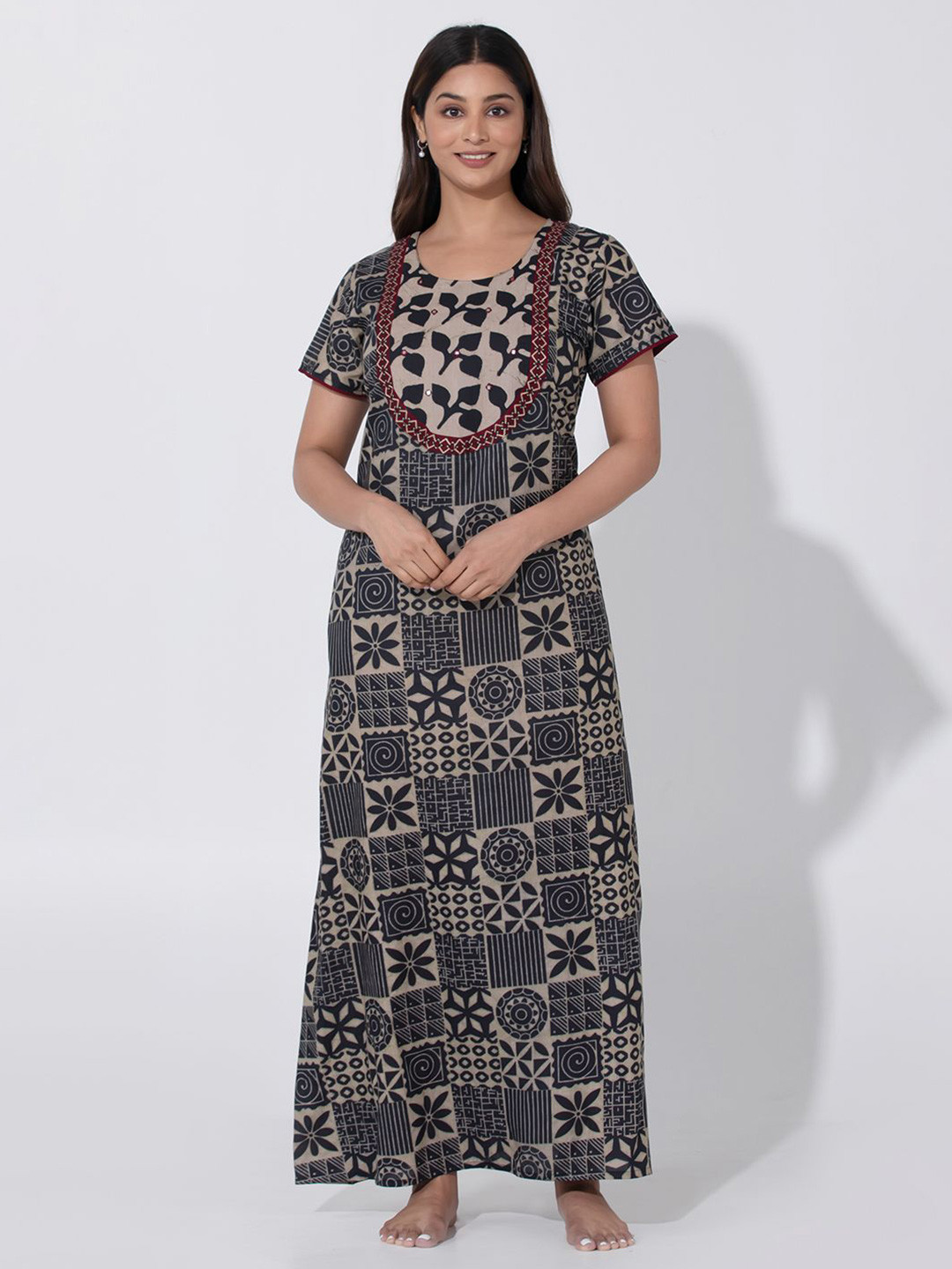 Maybell Women Batik Printed Cotton Nightwear with Foil Mirror Embroidery