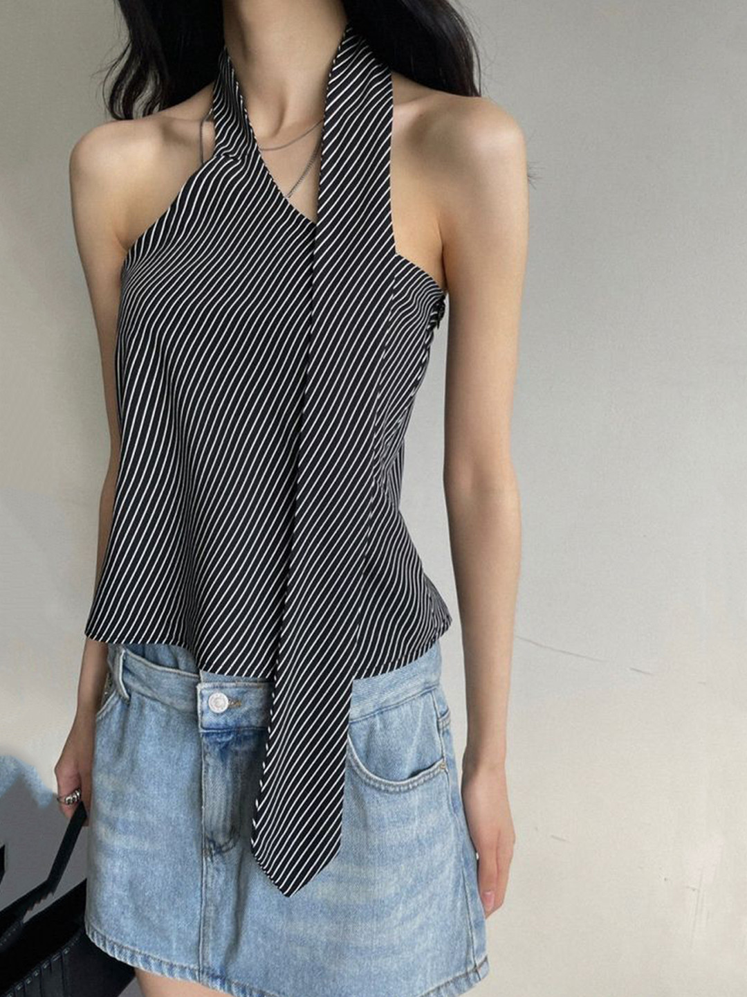 LULU & SKY Women Striped Halter Neck Front Tie Top