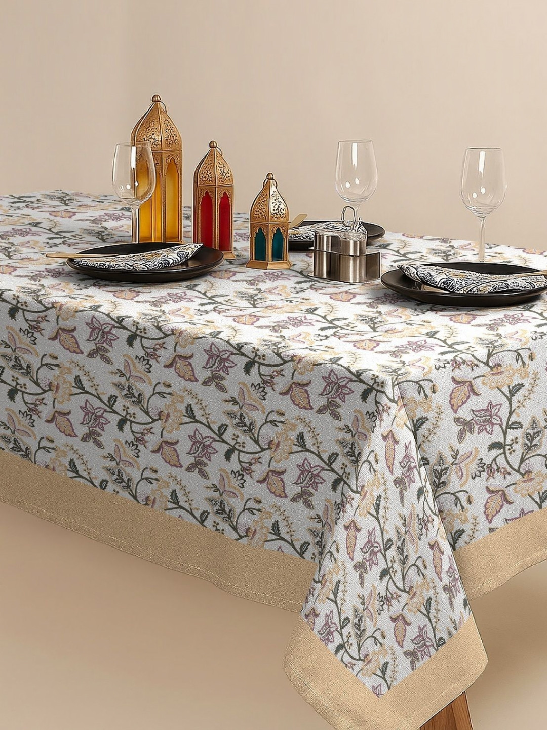 CASABLEU Moster Peach-Coloured & White Printed 6-Seater Table Cover
