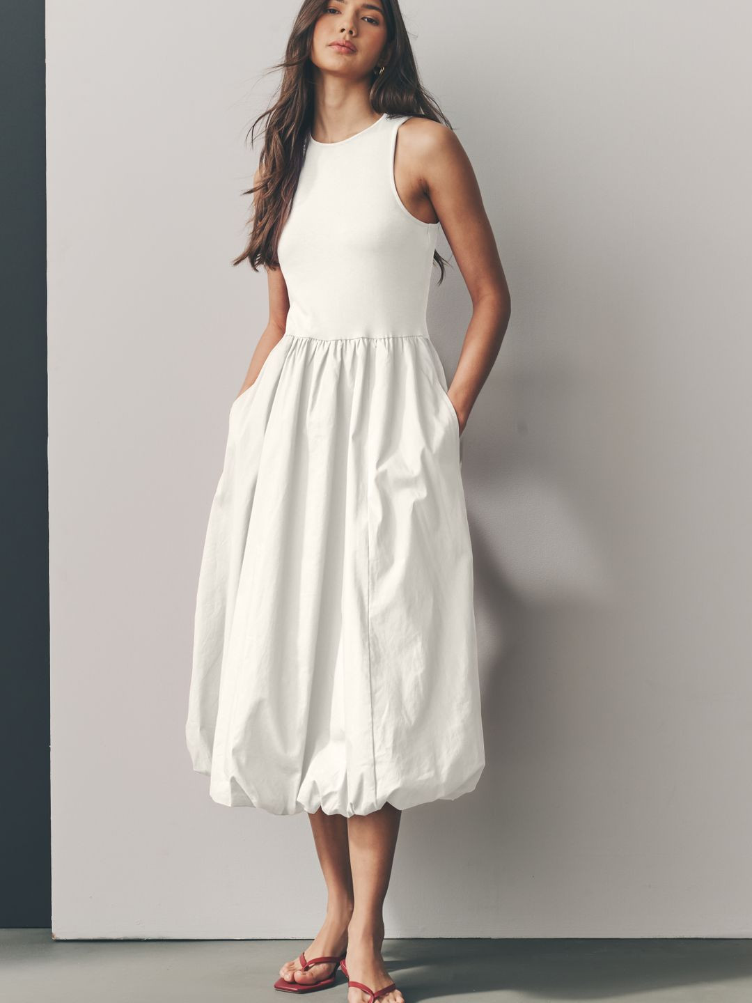 NEXT Round Neck Sleeveless Pleated Pure Cotton Balloon Midi Dress