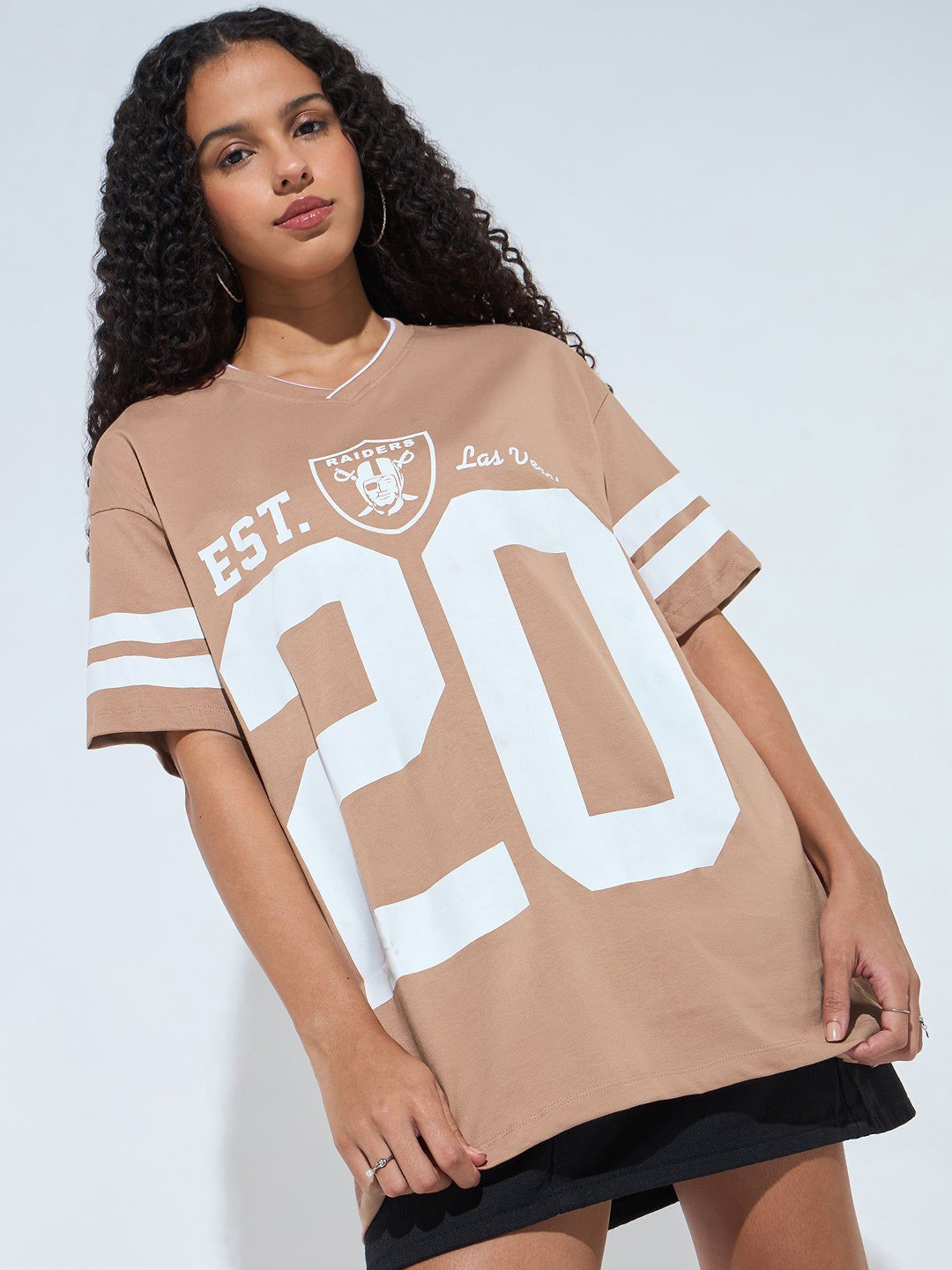 Outzidr Women Typography Printed V-Neck Oversized T-shirt