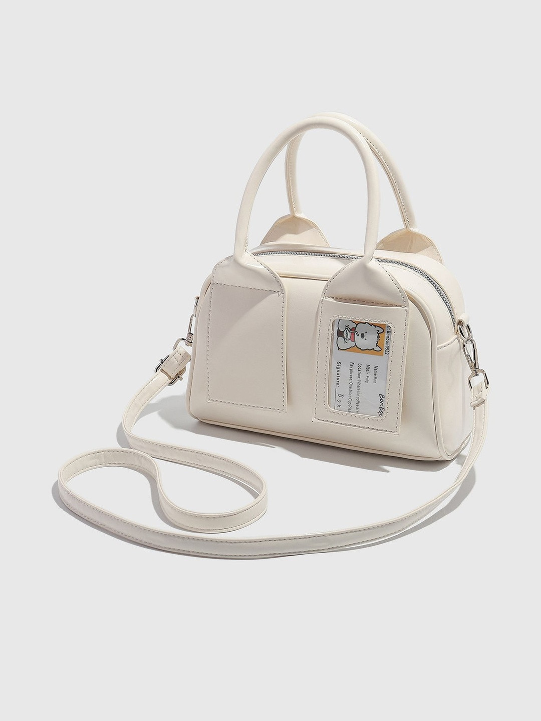 CORSICA Women Off-White Solid Two Handles PU Swagger Satchel Detachable Sling Strap