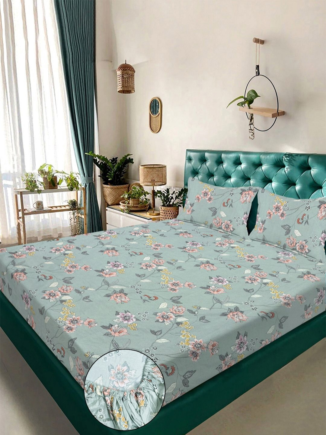 Aura Green Printed 300 TC Woolen King Bedsheet Set 2.50 m x2.25 m