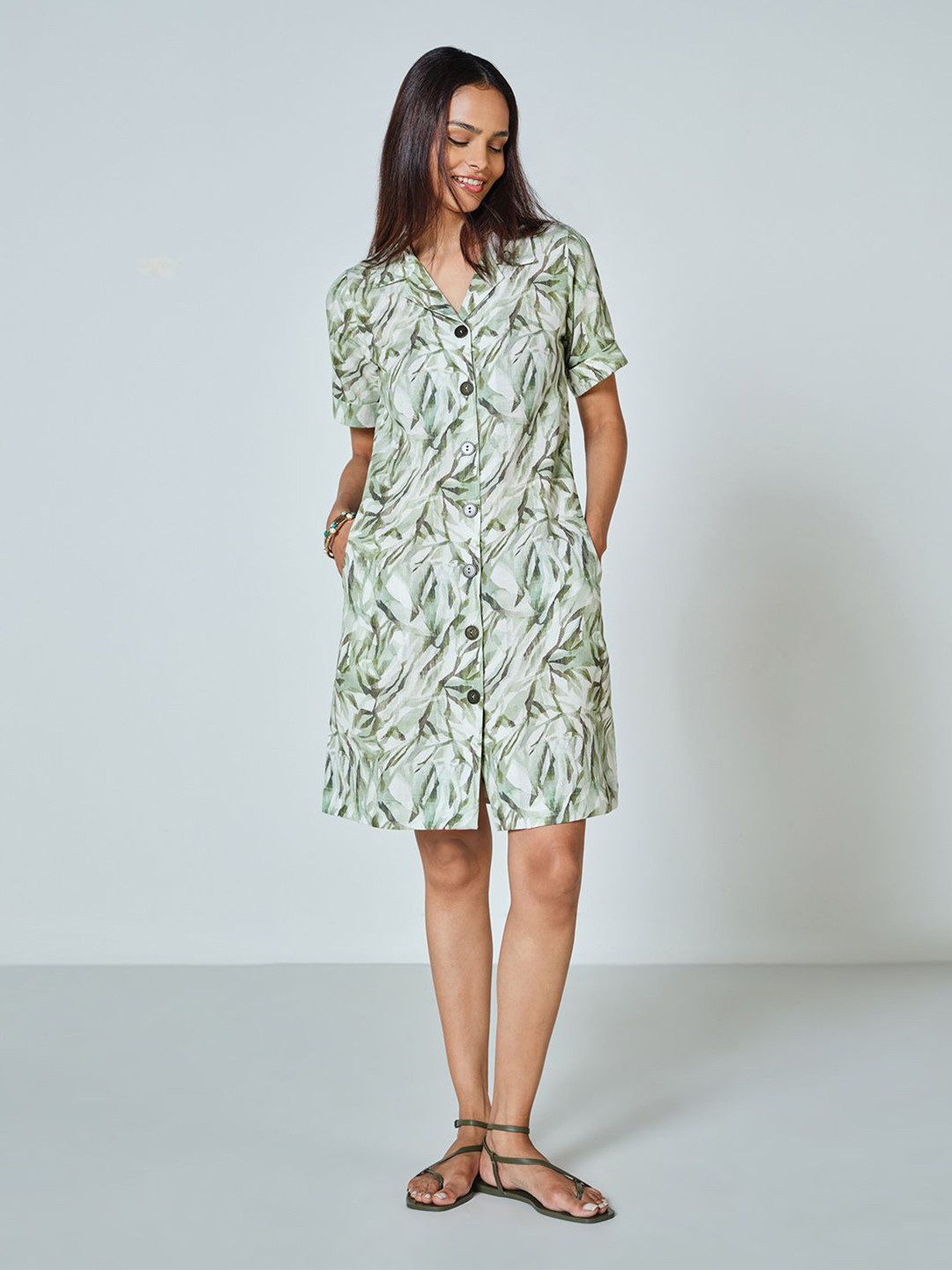 AND Women Tropical Printed Lapel Cllar A-Line Dress