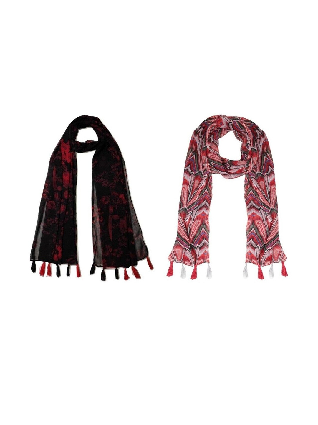 StoleVilla Pack Of 2 Floral Printed Tasseled Border Stoles