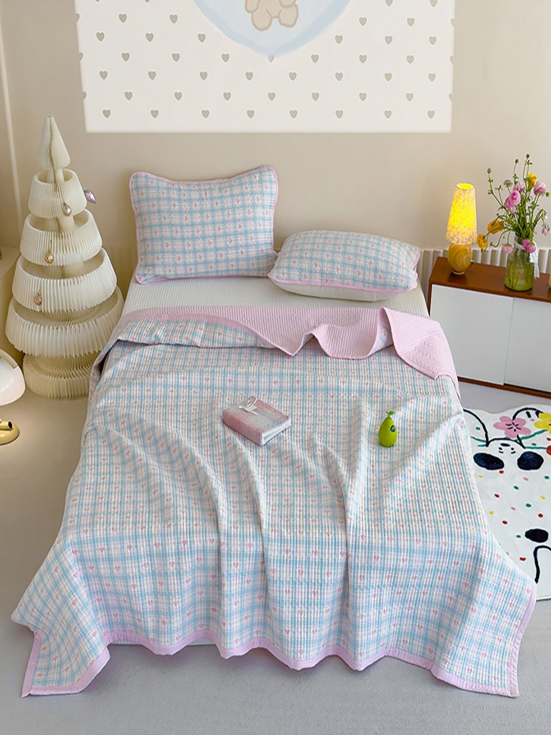 JC HOME Blue & White 3 Pieces Printed Single Bed & Pillow Covers