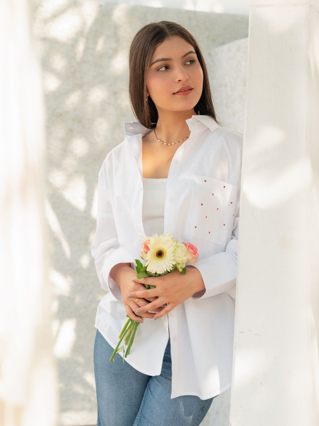 OCTOBER Cloud White Heart Pocket Handpainted Oversized Shirt