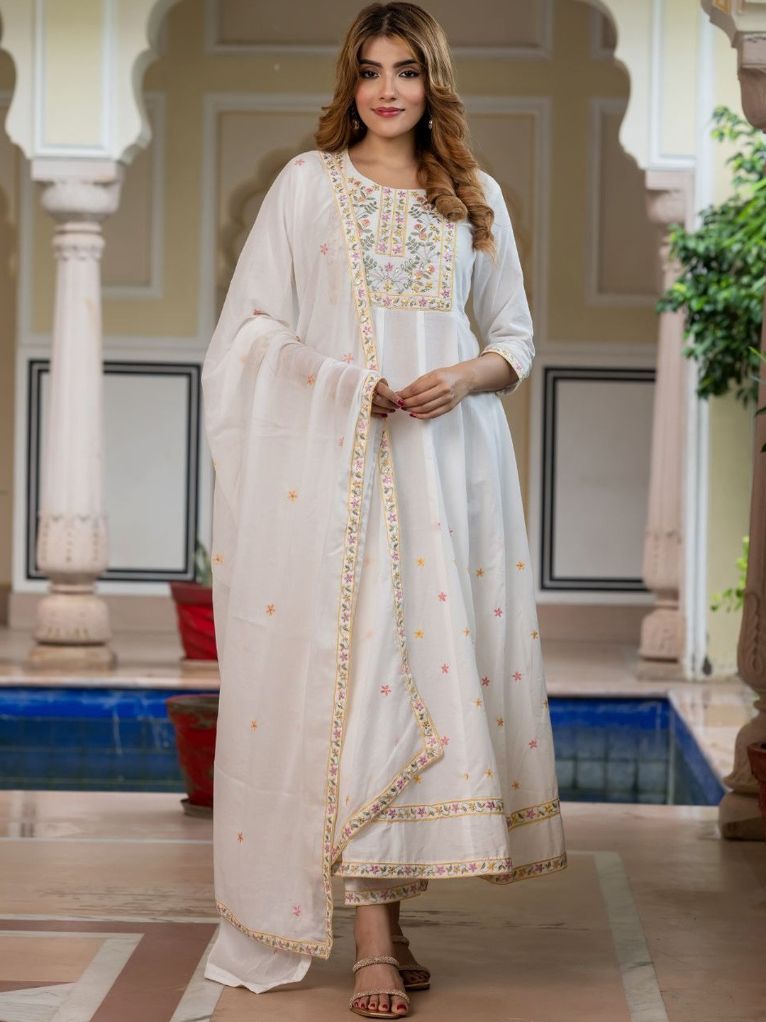 Kalini Women White Pure Cotton Anarkali Kurta & Bottom With Dupatta