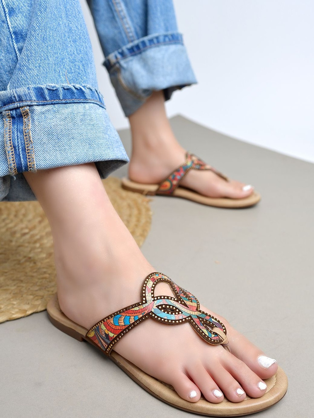 SZN Women Multicolored Embellished Slip-On Open Toe Flats
