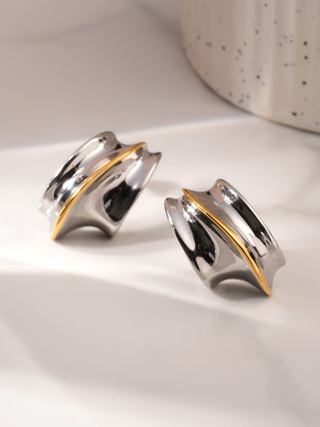 PALMONAS Silver-Plated Stainless Steel Artistic Folded Studs Earrings