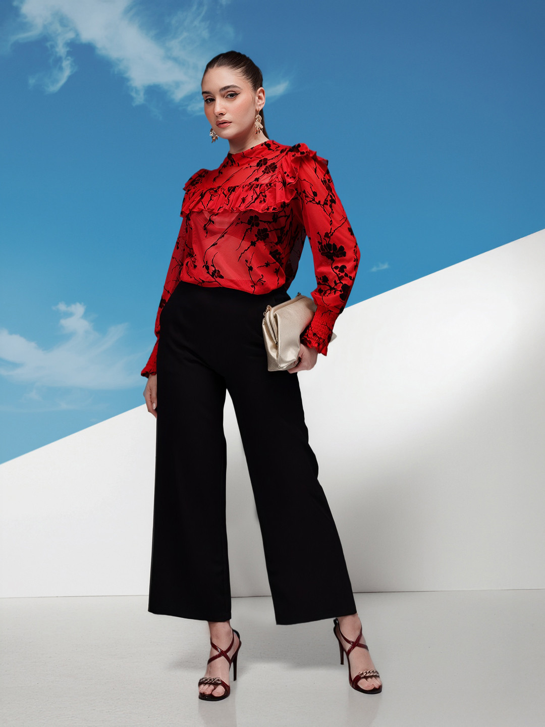 bebe Brighter Basics Floral Print Ruffled Detail Sheer Net Top with Velvet Finish
