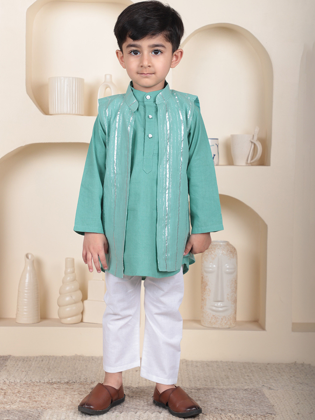 Polka Tots Kids Striped Embellished Pure Cotton Kurta with Pyjamas With Jacket