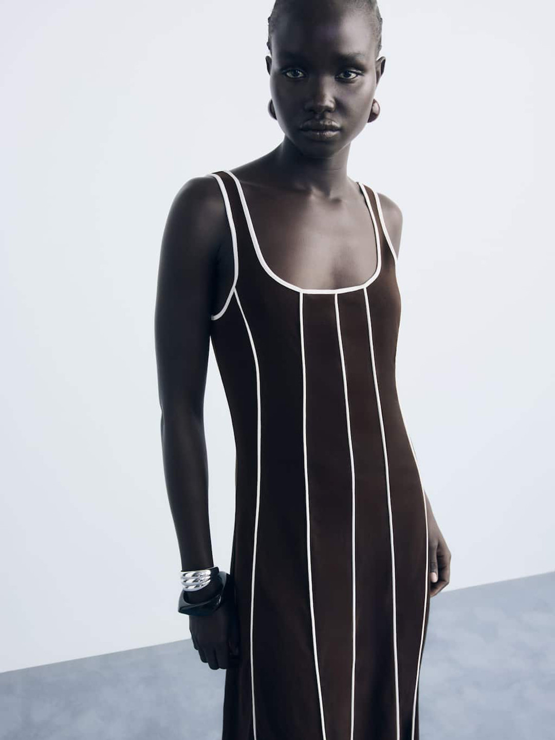 MANGO Vertically Striped Scoop Neck Panelled Detail Slip-Style Maxi A-Line Dress