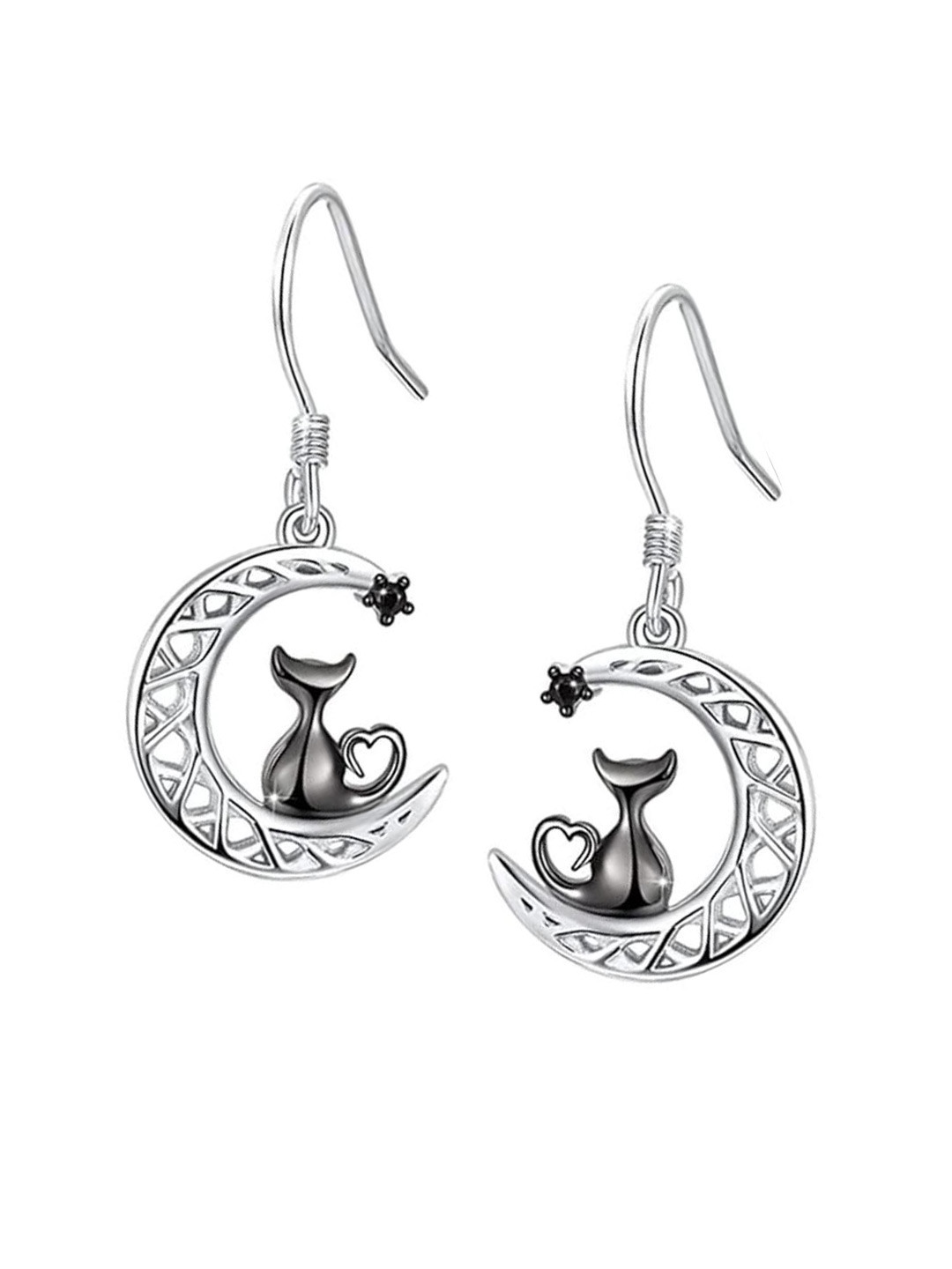 EL REGALO Oxidised Cat Shaped Drop Earrings