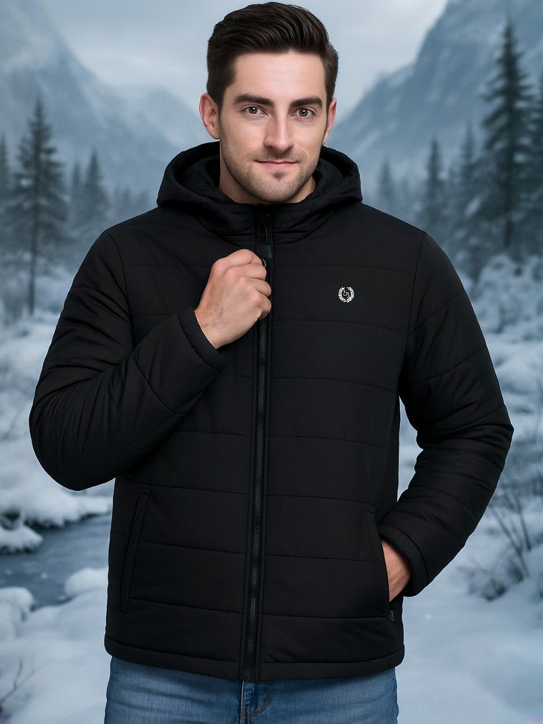 LEE BONEE Men Black Hooded Long Sleeves Insulator Polyester Puffer Jacket