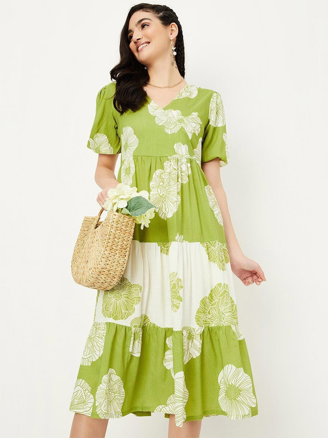 Frankoliyan Women Floral Printed Puff Sleeves Wrap Midi Dress