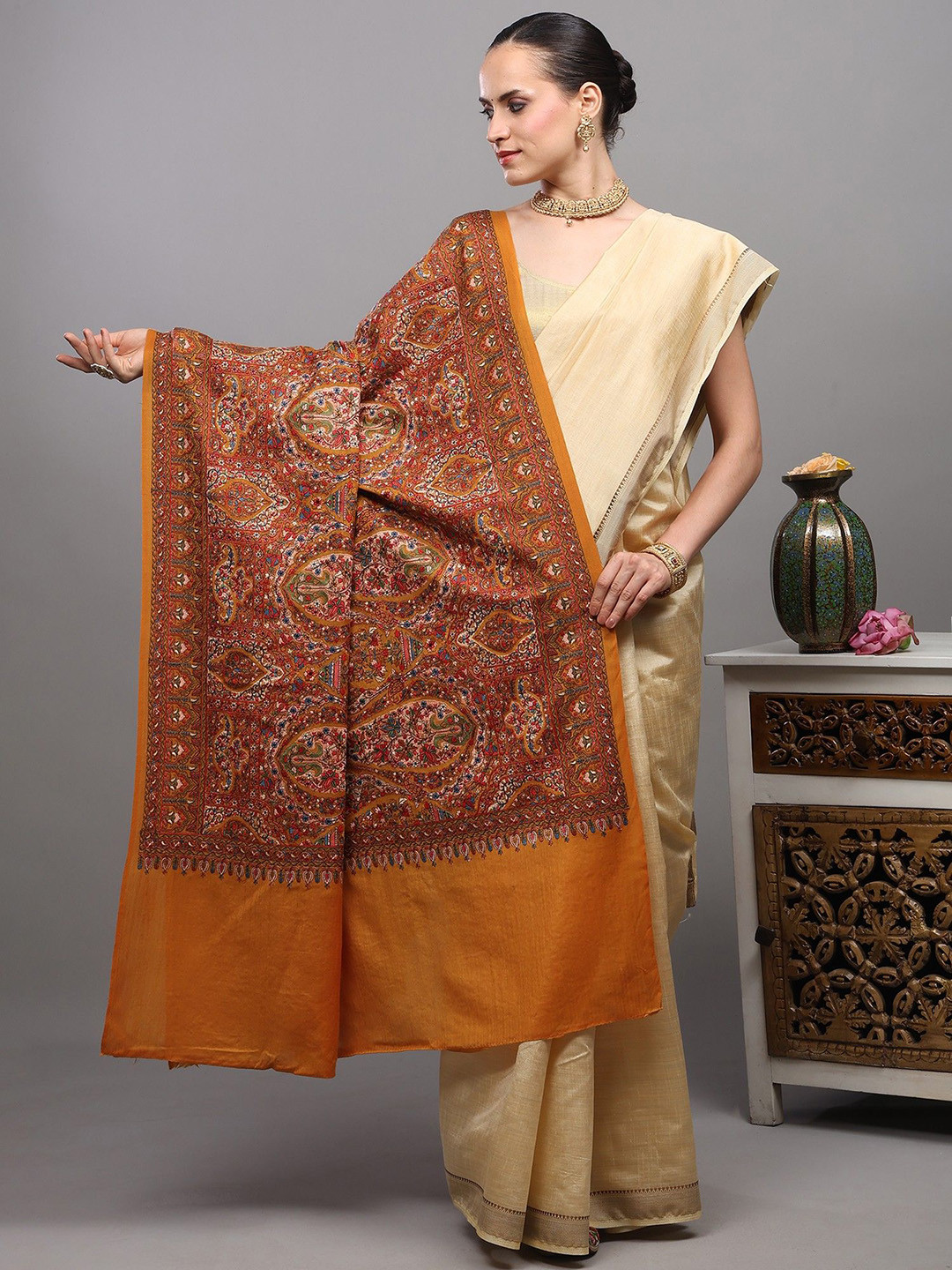 Exotic India Amritsar Floral & Paisley Thread Dense Embroidered Pure Woollen Shawl