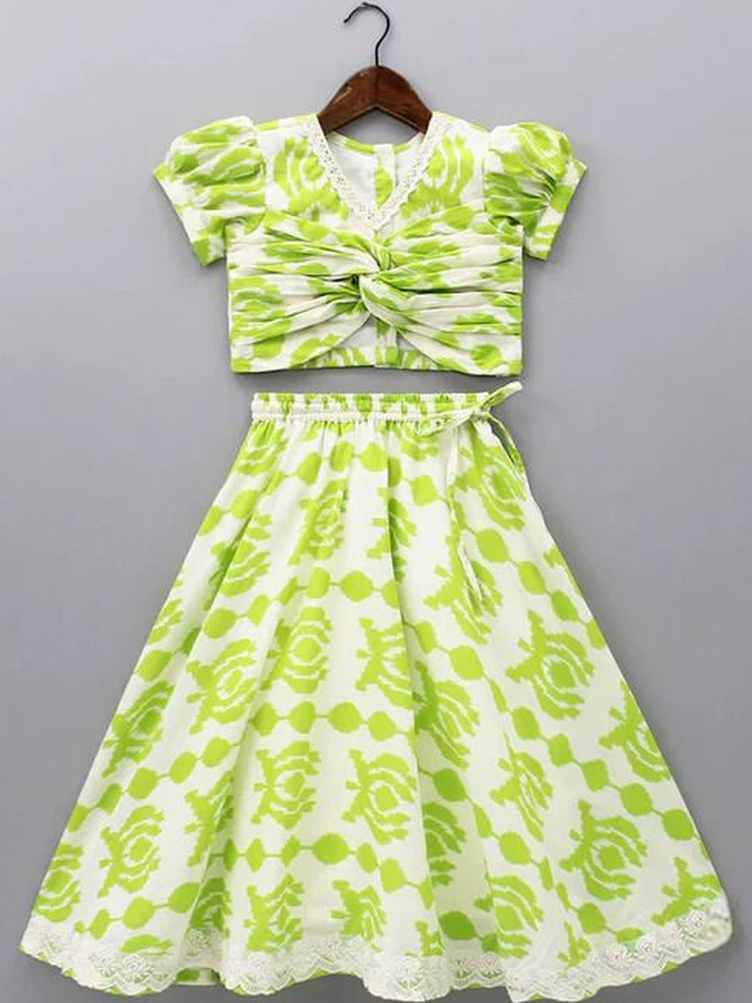 Leons Fab Girls Green Print Tie Side Blouse Puffed Sleeves Top Ruffle Trim Lehenga Set