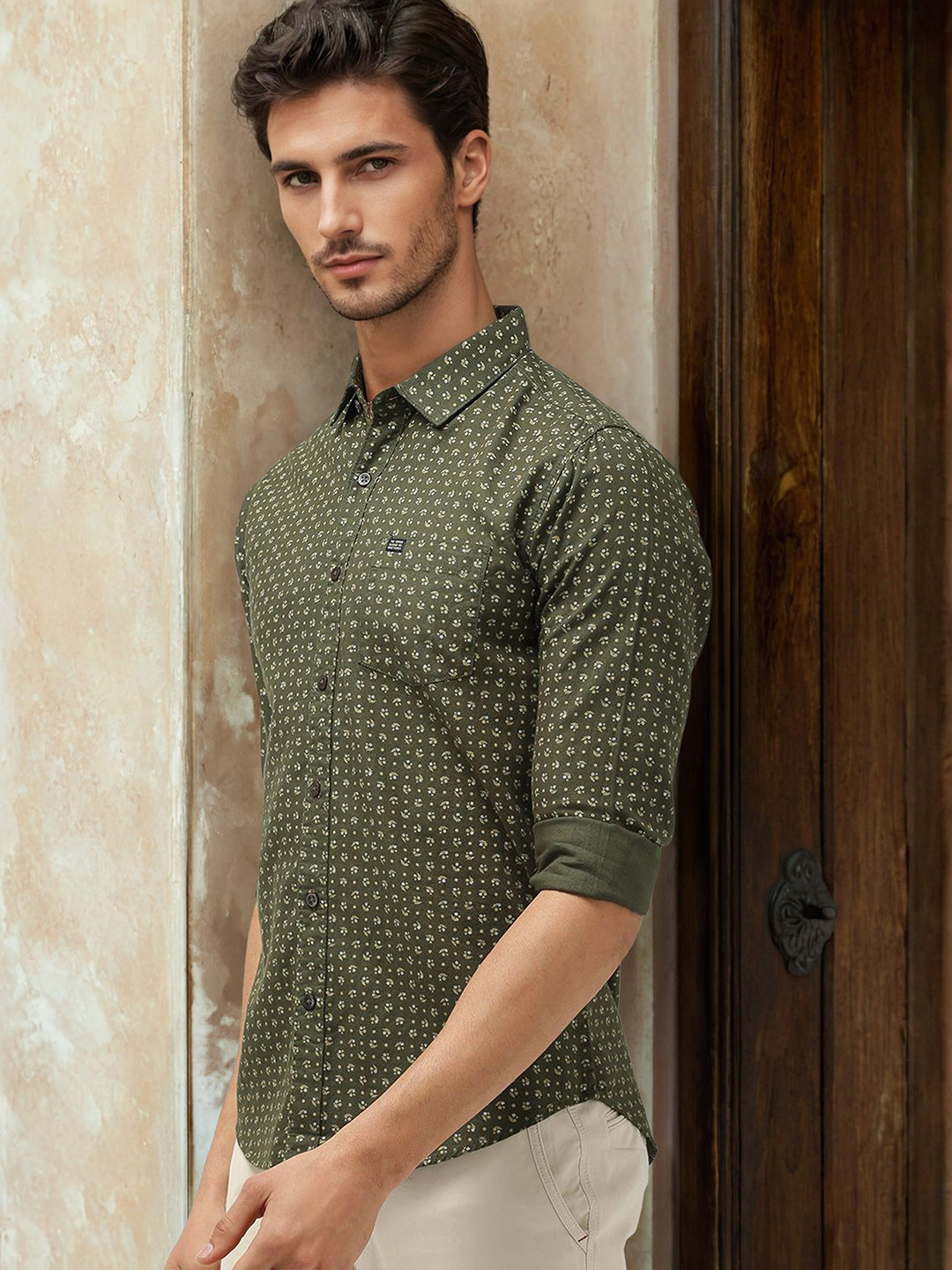The Indian Garage Co Men Olive Green & Beige Regular Fit Printed Casual Shirt