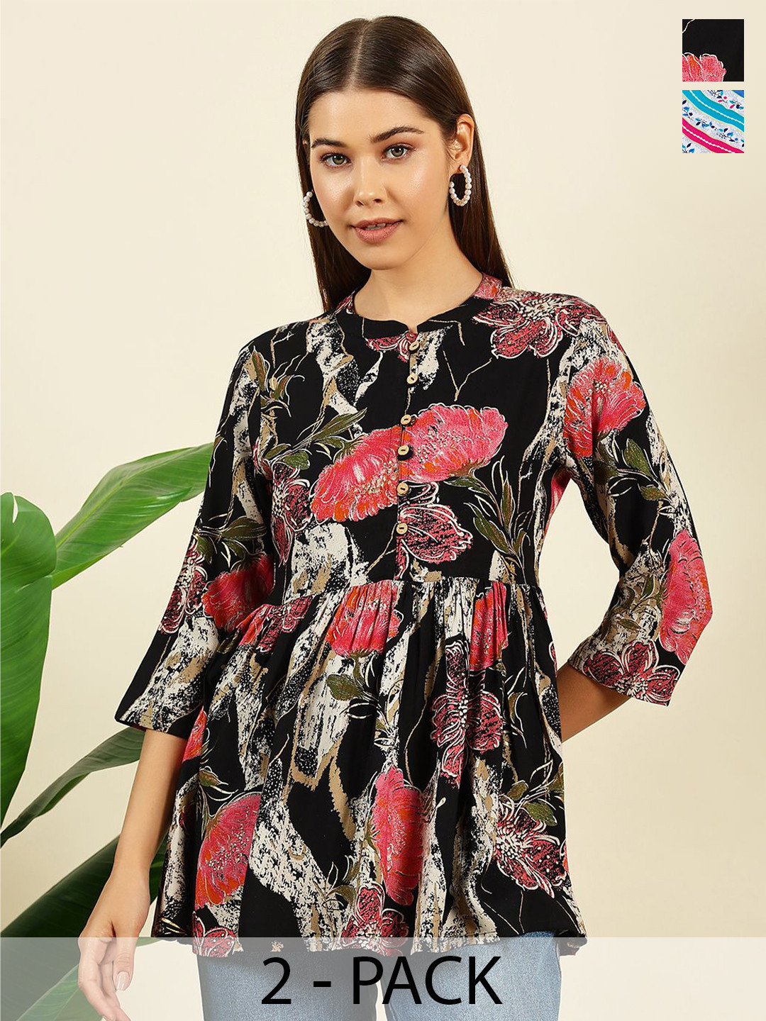THE FAB FACTORY Pack Of 2 Floral Print Mandarin Collar Top