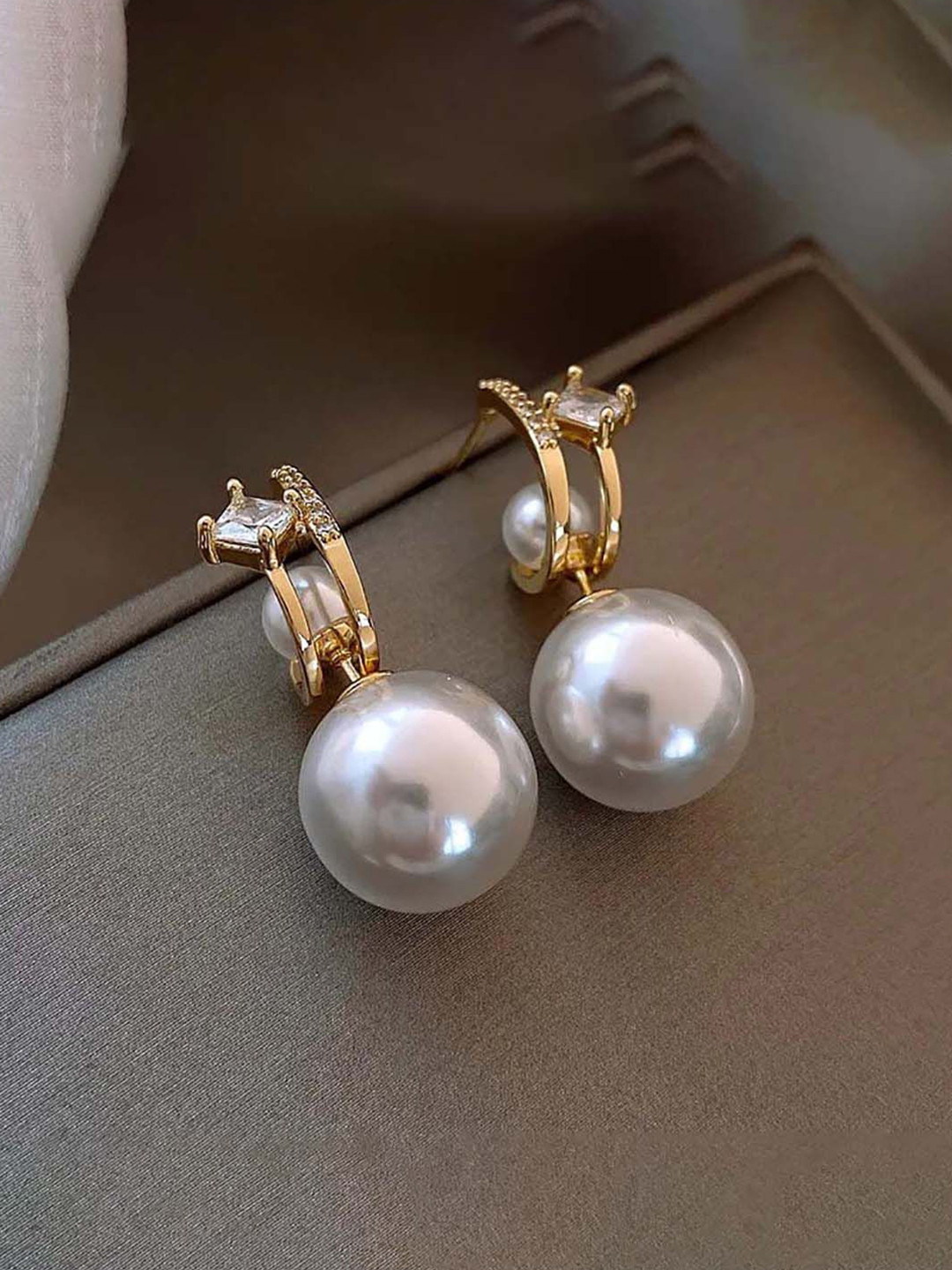 GOLDIWALA Korean Gold-Plated Cubic Zirconia Studded & Artificial Beaded Hoop Earrings