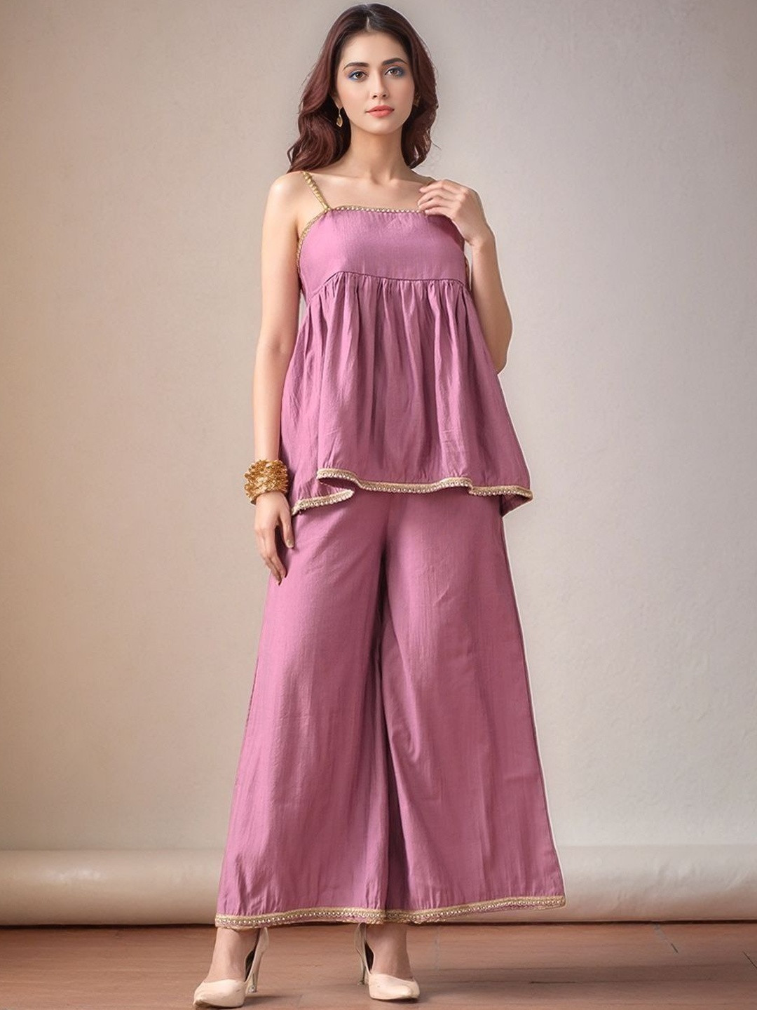 Here&Now Women Lavender Lace Embellished Sleeveless Silk Peplum Top & Palazzo Co-Ord Set