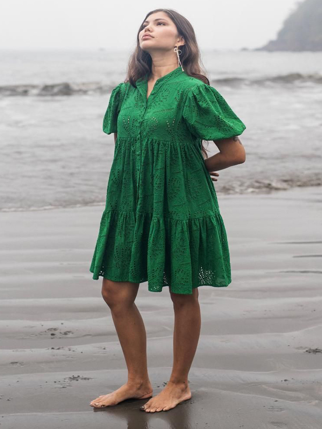 RAAS LIFE Layla Chilli Women Schiffli Embroidered Tiered Puff Sleeve Cotton Shirt Dress