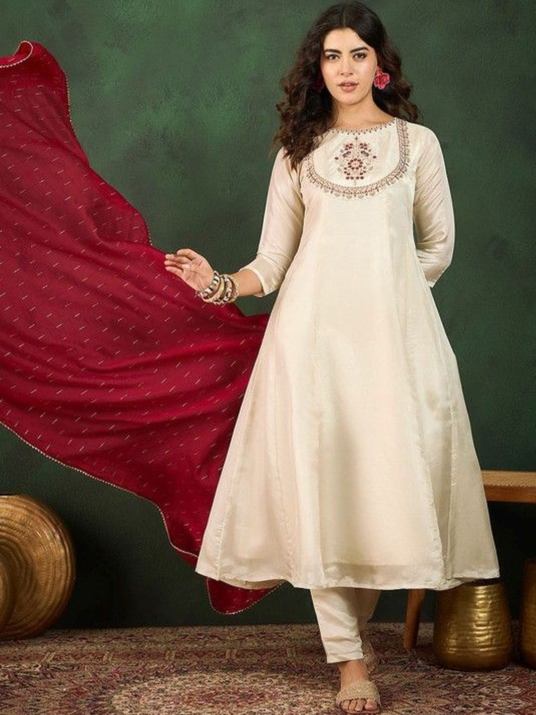 KALINI Vichitra Silk Embroidered Anarkali Kurta Set with Chanderi Dupatta Cream & Maroon Festive Outfit