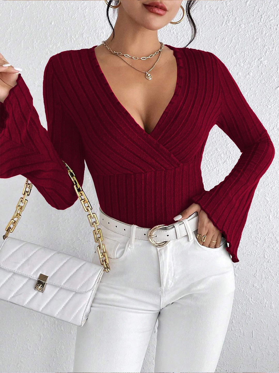 Outzidr Women V-Neck Bell Sleeved Knit Top
