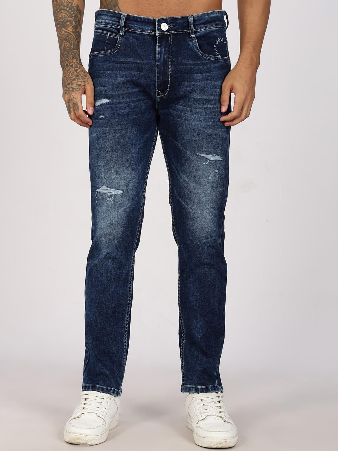 COLOR HUNT Men Comfort Slim Fit Mid-Rise Low Distress Light Fade Cotton Denim Jeans