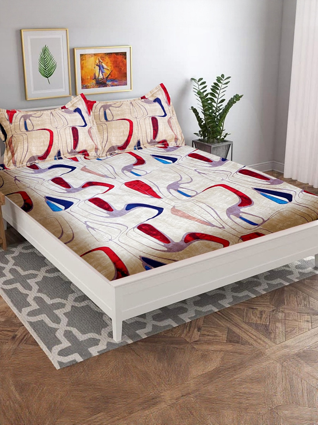 Wee Hours Beige & Red 350 TC Queen Bedsheet with 2 Pillow Covers