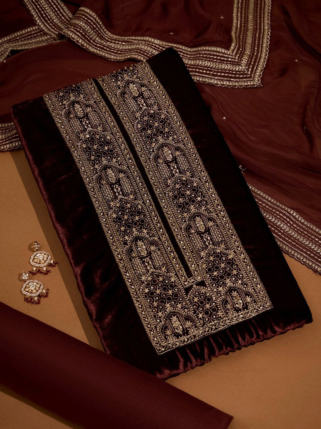 Taneira Floral Embroidered Velvet Thread Work Unstitched Dress Material