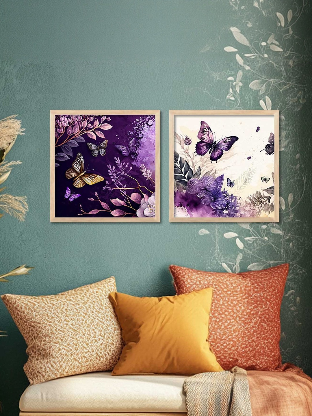 WALLLANE Set of 2 Wooden Purple Butterfly Wall Paintings