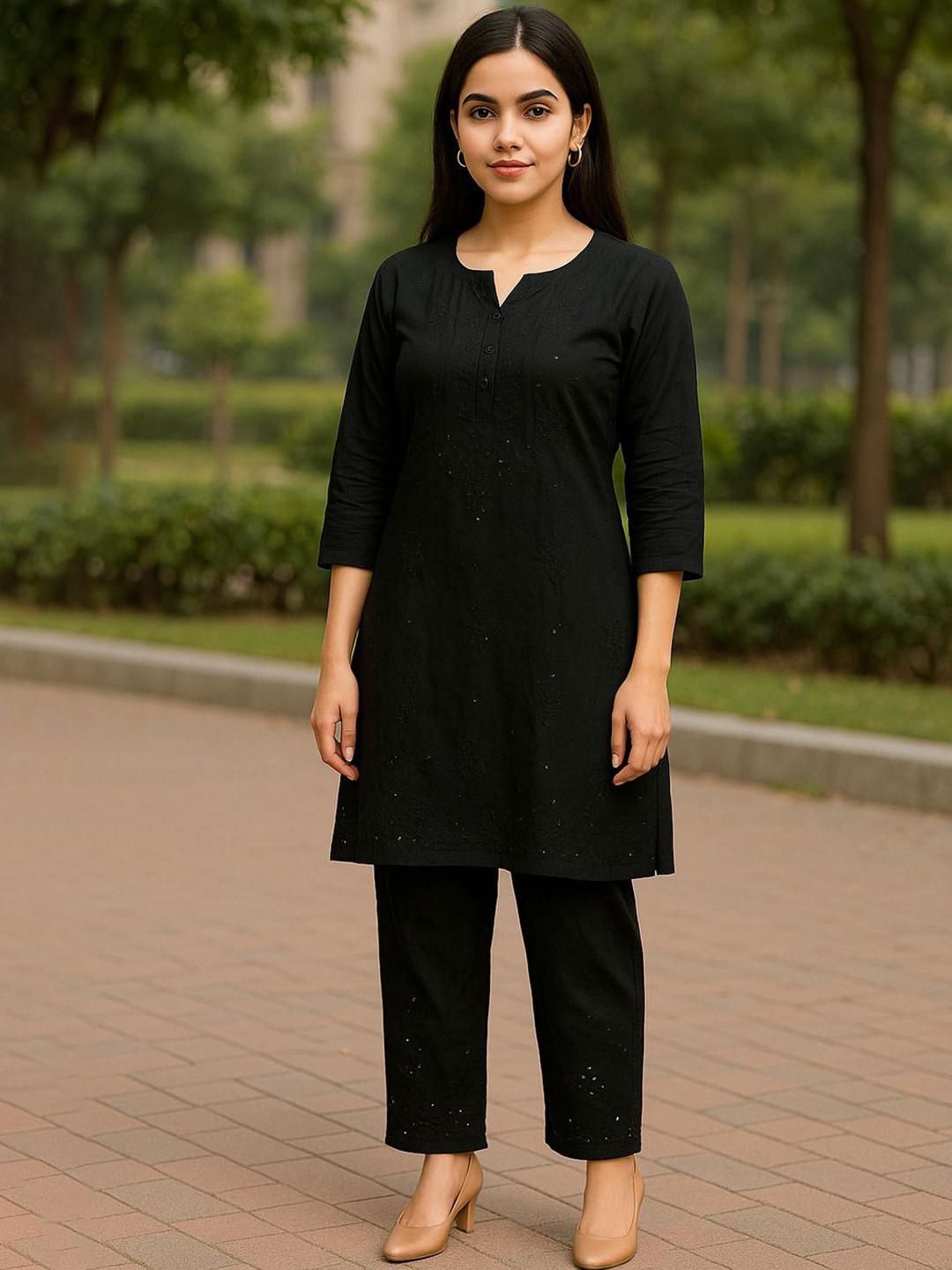 NEE DESIGNSS Women Embroidered Pure Cotton Round Neck Top With Trousers Co-Ords