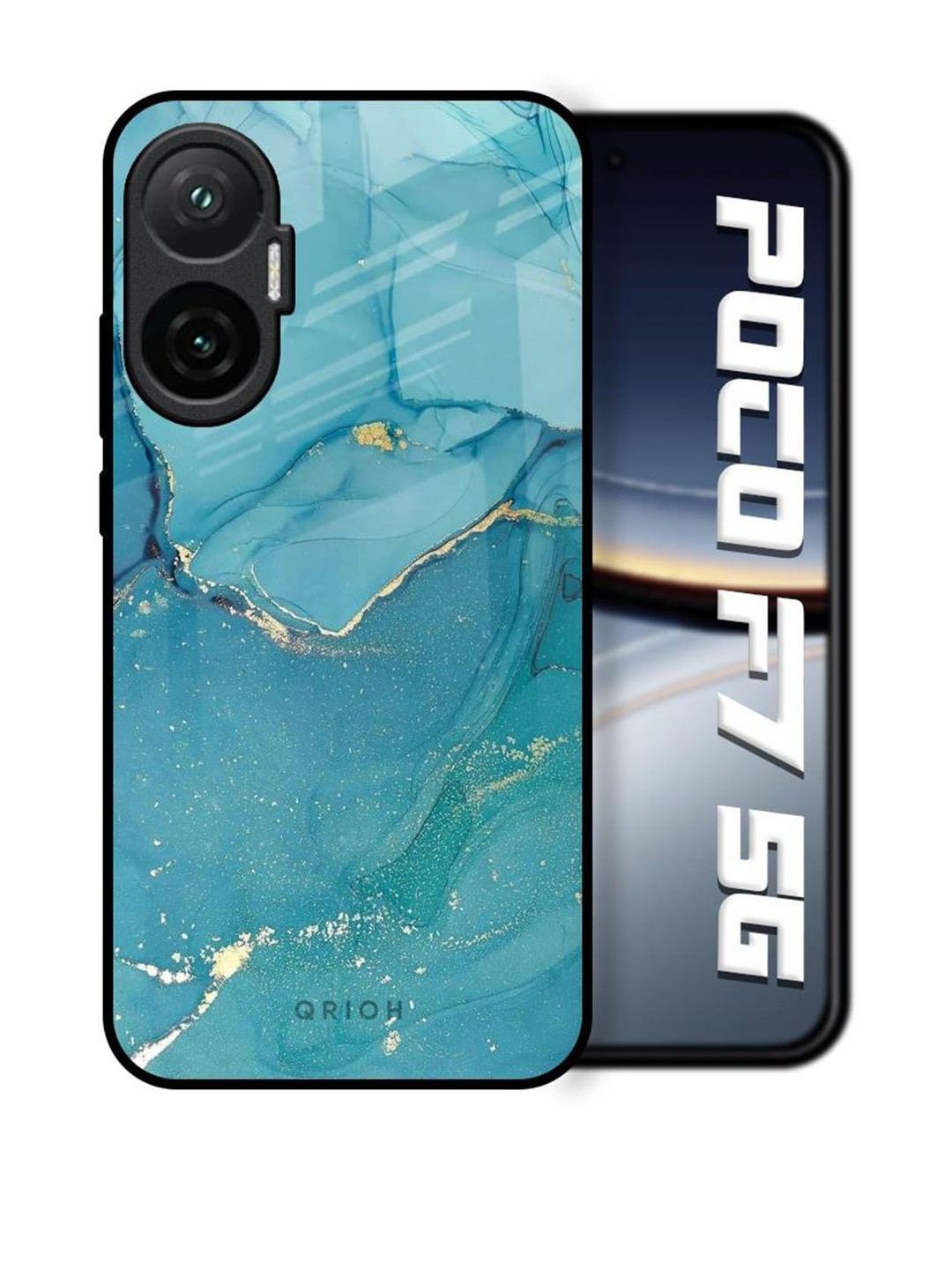 QRIOH Blue Golden Glitter Real Glass Case for Poco F7 5G