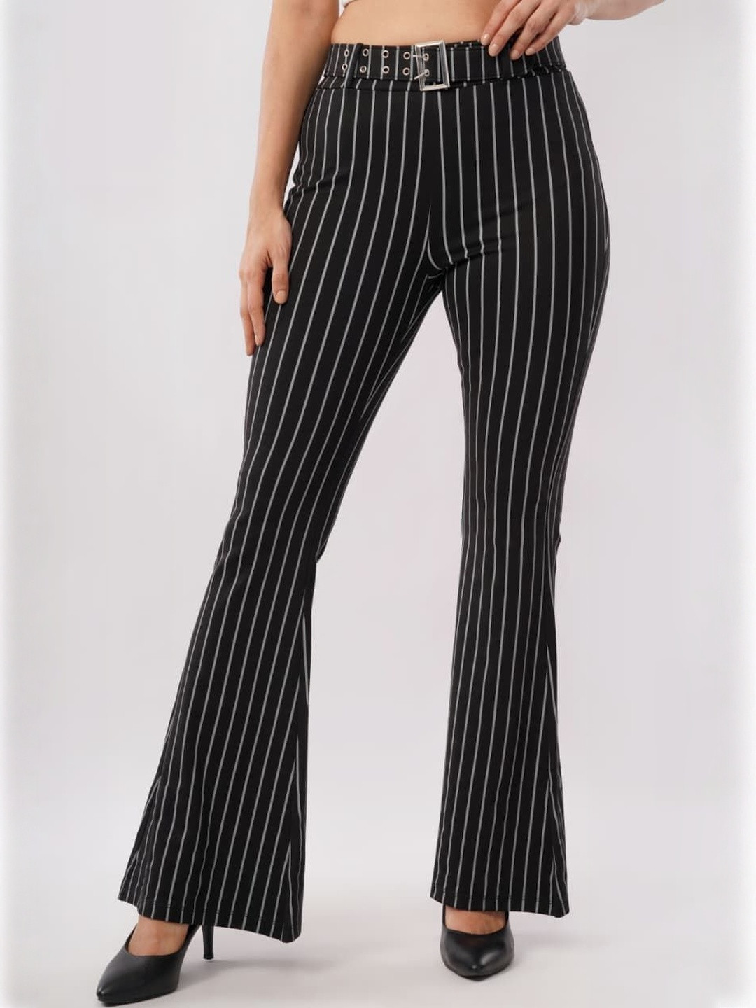 HIGH BUY Women Striped Bootcut Tailored High-Rise Trousers