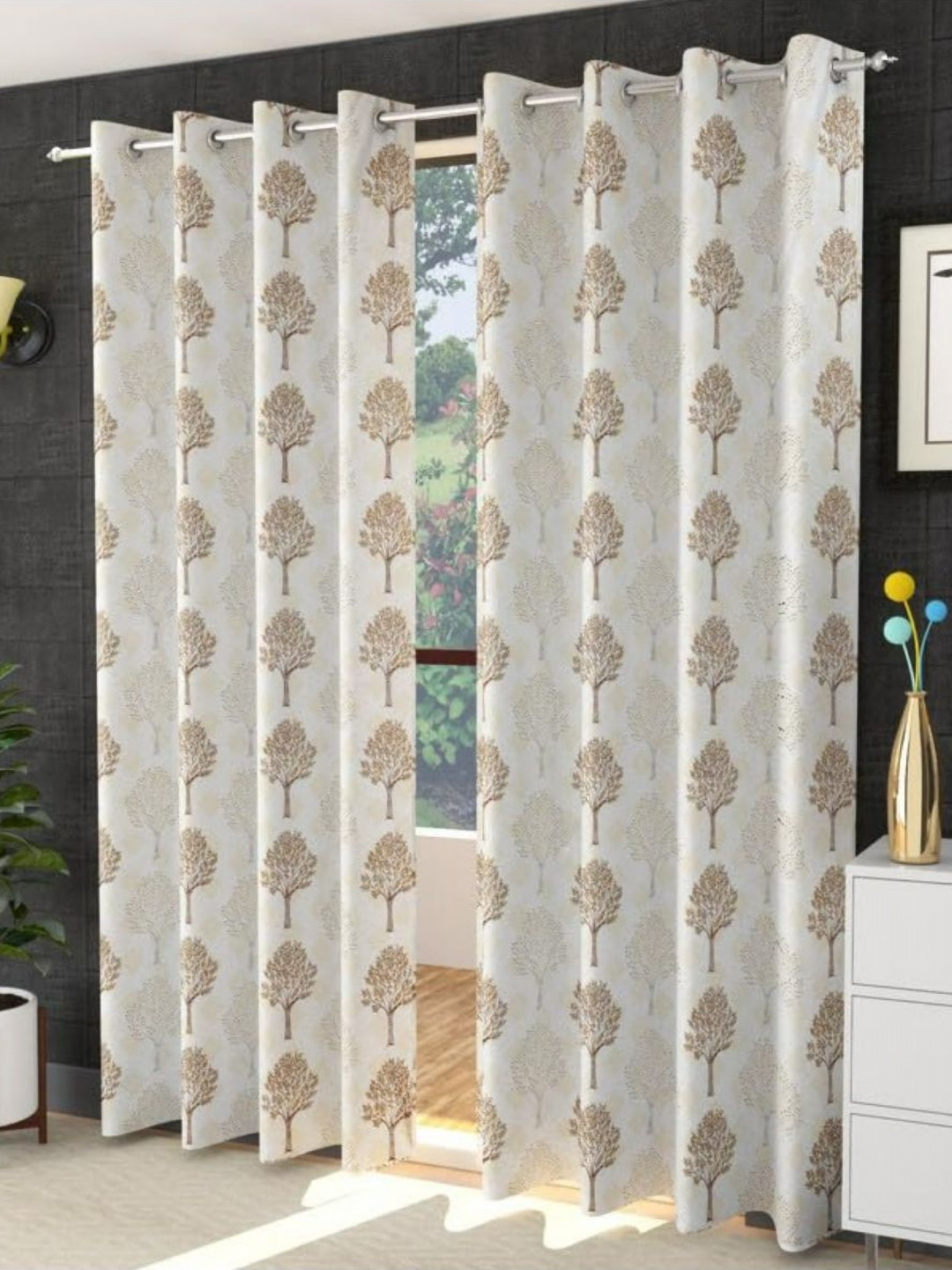 UrbanArts Gold-Toned And White 2 Pieces Floral Printed Room Darkening Long Door Curtains