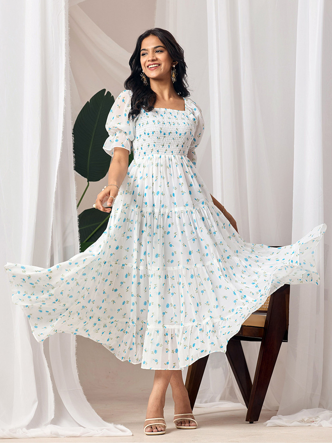 Dream Tree Women Floral Printed Georgette Tiered Square Neck Smocked Maxi Dress