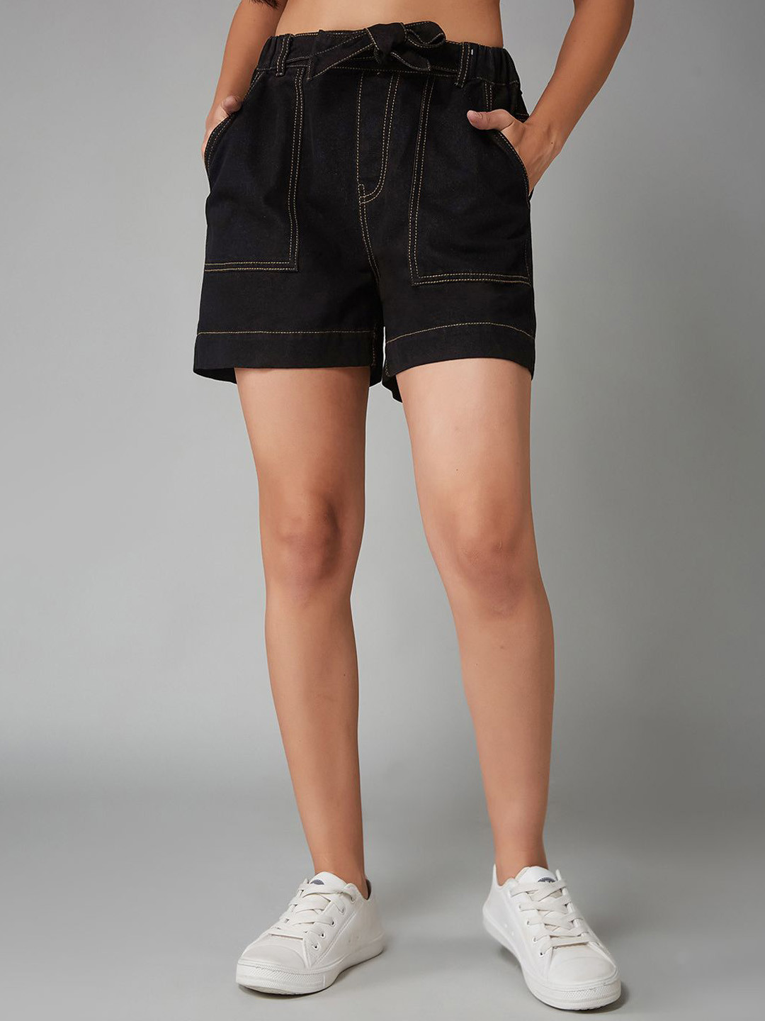DOLCE CRUDO Women's High-Rise Relaxed Fit Denim Shorts with Tie-Up Belt & Patch Pockets