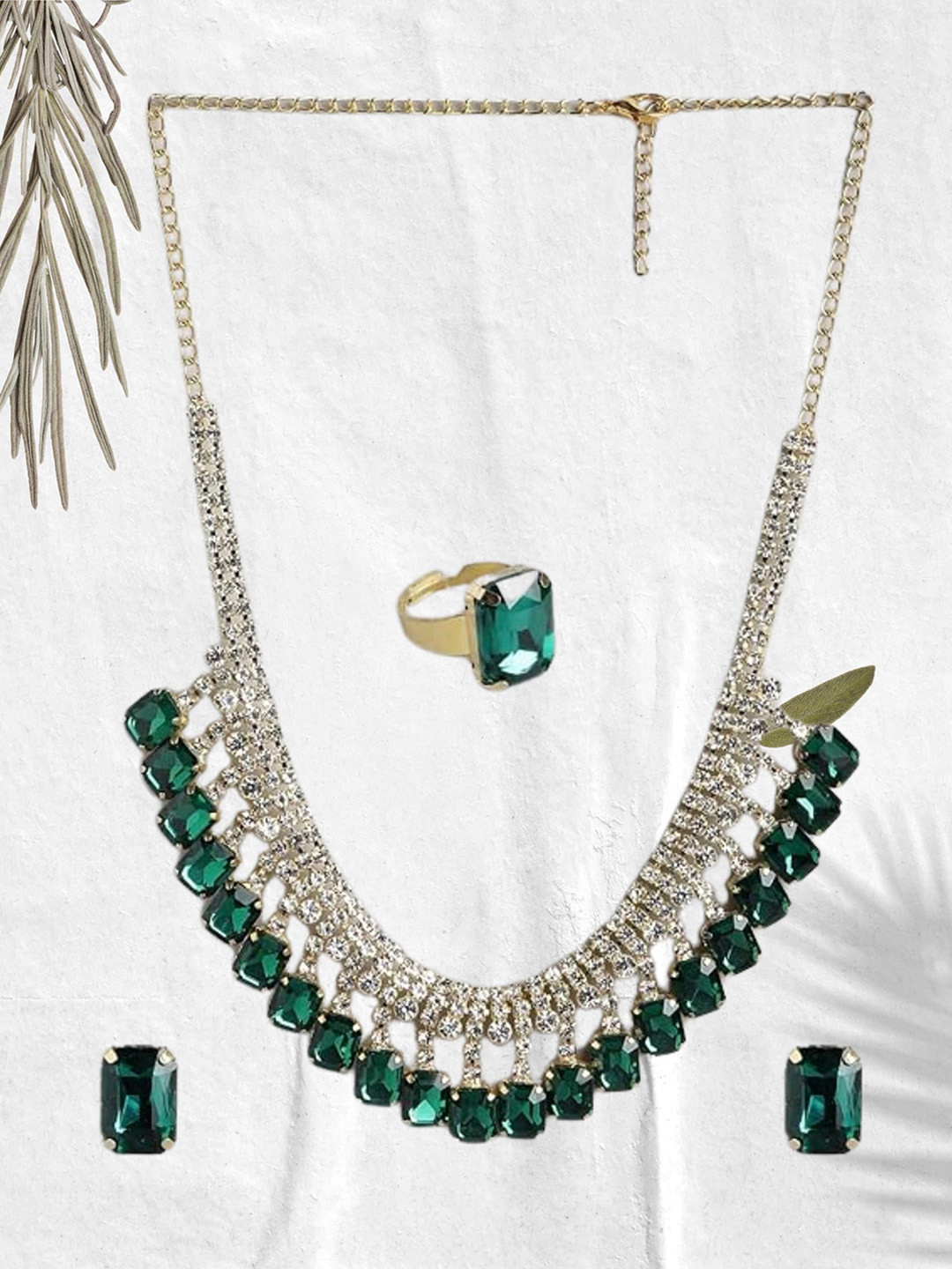 MANSIYAORANGE Gold-Plated Crystals Stones Studded Necklace & Earrings With Ring & Bracelet