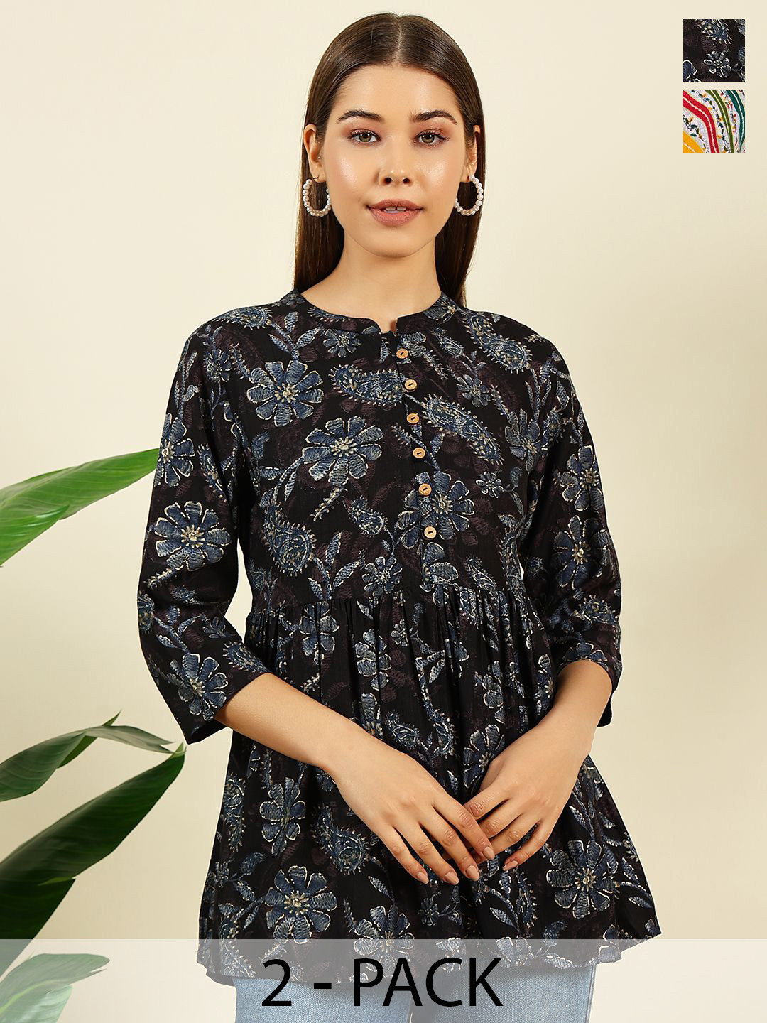 THE FAB FACTORY Women Pack Of 2  Floral Printed  Pleated Detail Peplum Top