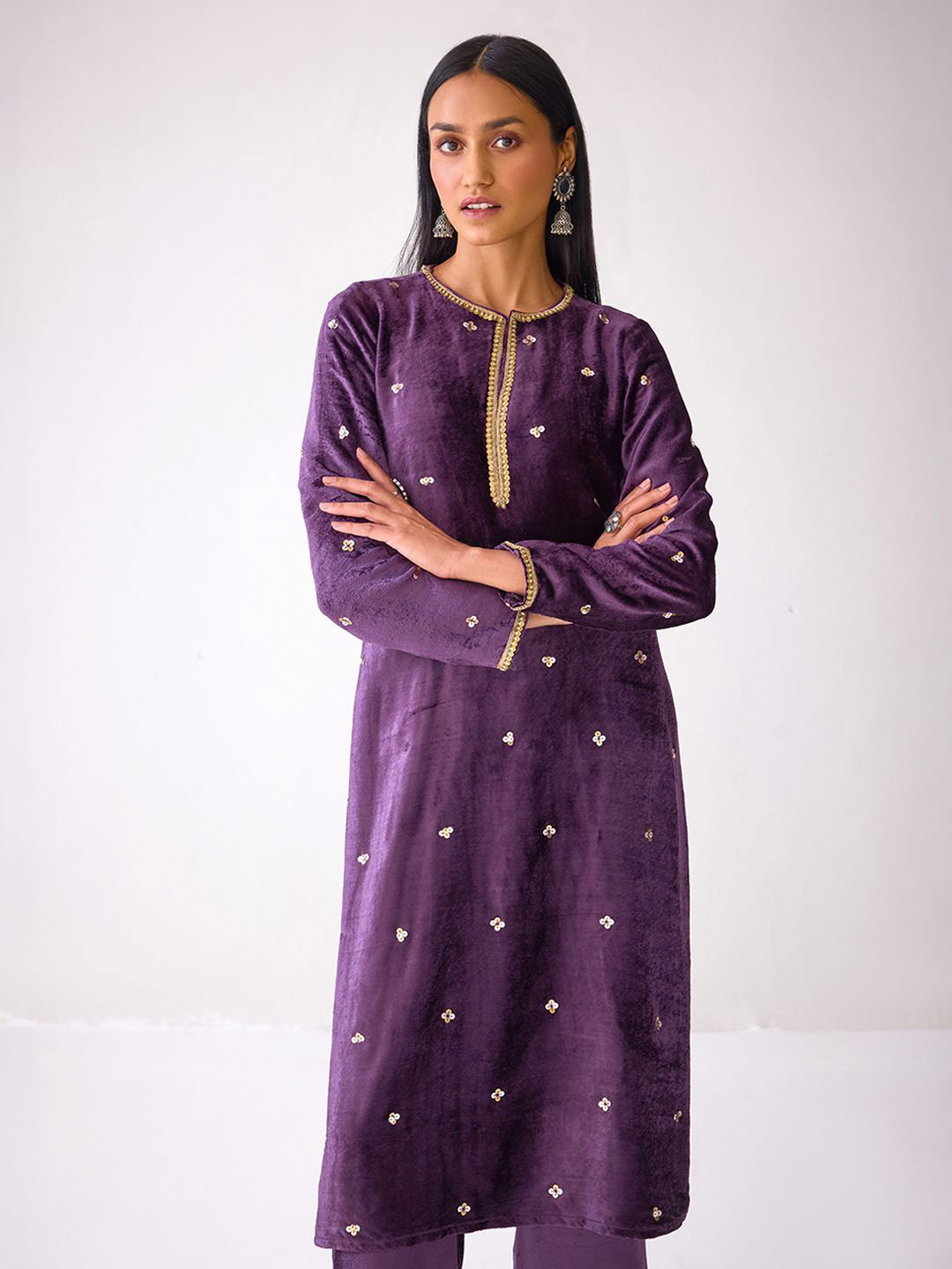 Ancestry Embroidered Round Neck Gotta Patti Straight Velvet Kurta