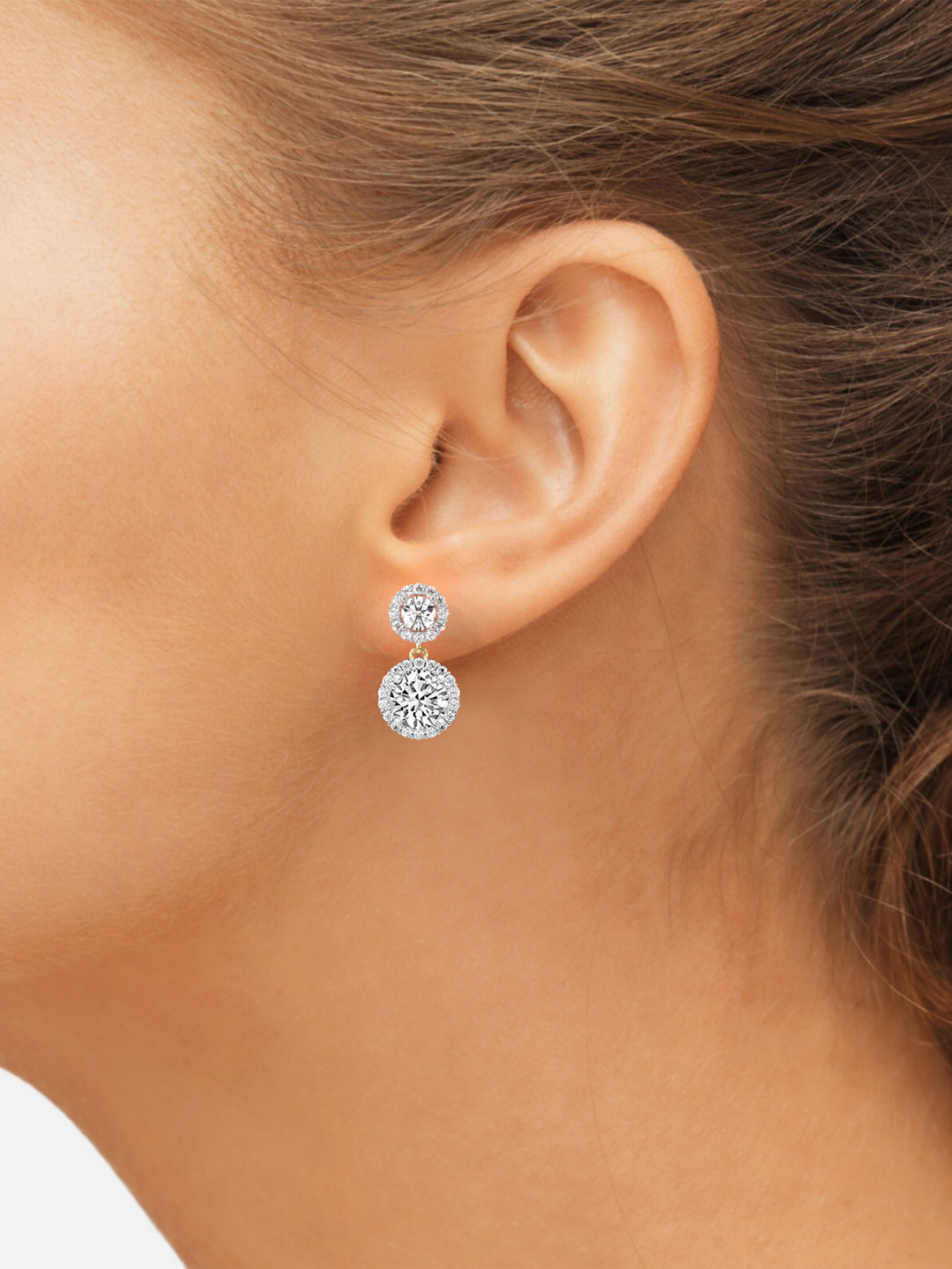 Sparkles 14K Yellow Gold Lab Grown Diamond 2.07 Carat Round Shape Double Halo Earrings