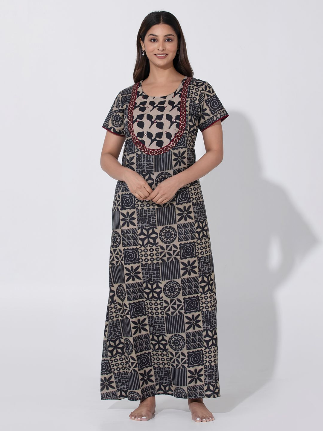 Maybell Blue Batik Printed Cotton Nightwear with Foil Mirror Embroidery