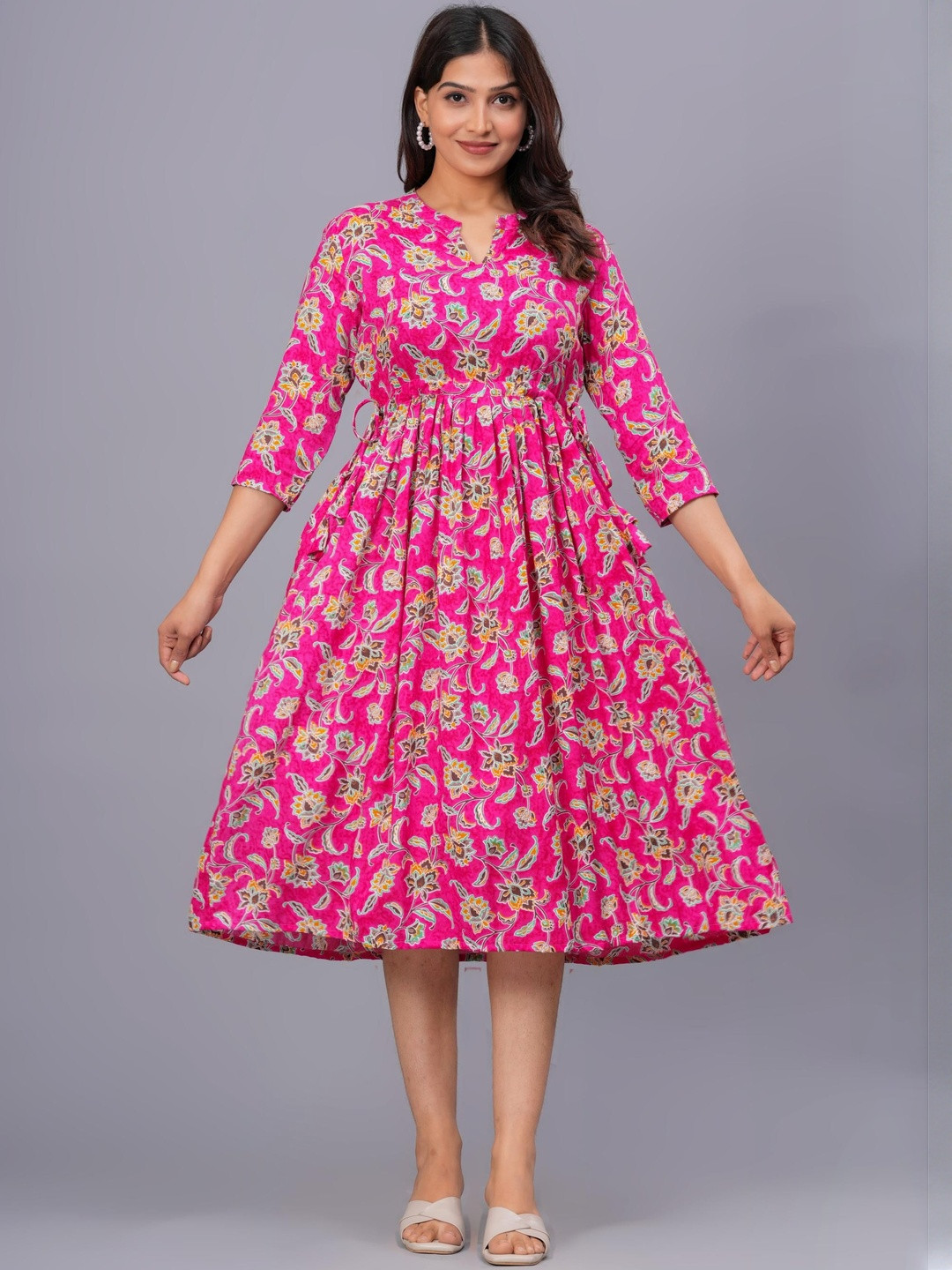 SQ kurti Women's stylish Pink floral midi dress